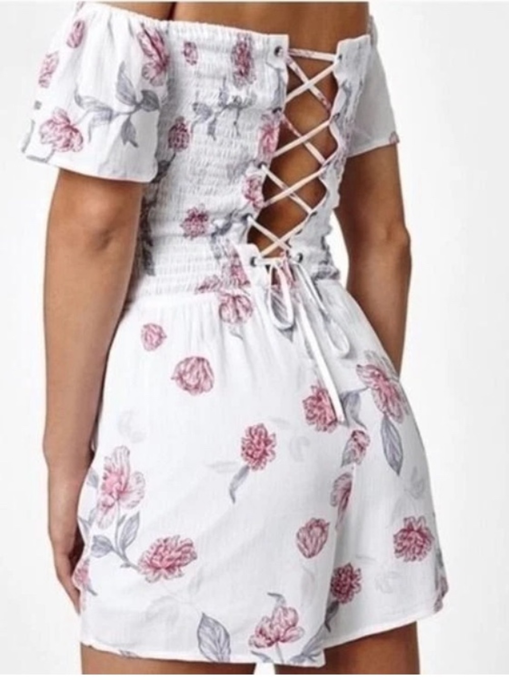 Kendall + Kylie Off-Shoulder Floral Romper Criss Cross Back in White/Pink SZ Med